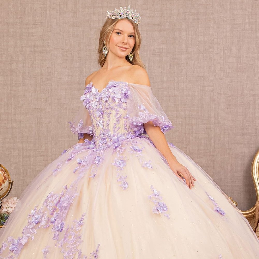 NEW OFF THE SHOULDER MESH DRESS WITH FLORAL APPLIQUE AND LACE UP BACK GL3172